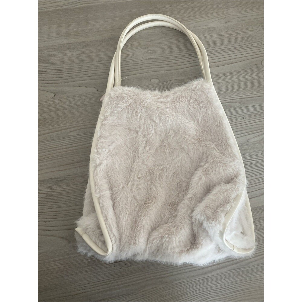 Victoria's Secret Ivory Faux Fur Tote Bag Logo Double Handles Women - Picture 5 of 6